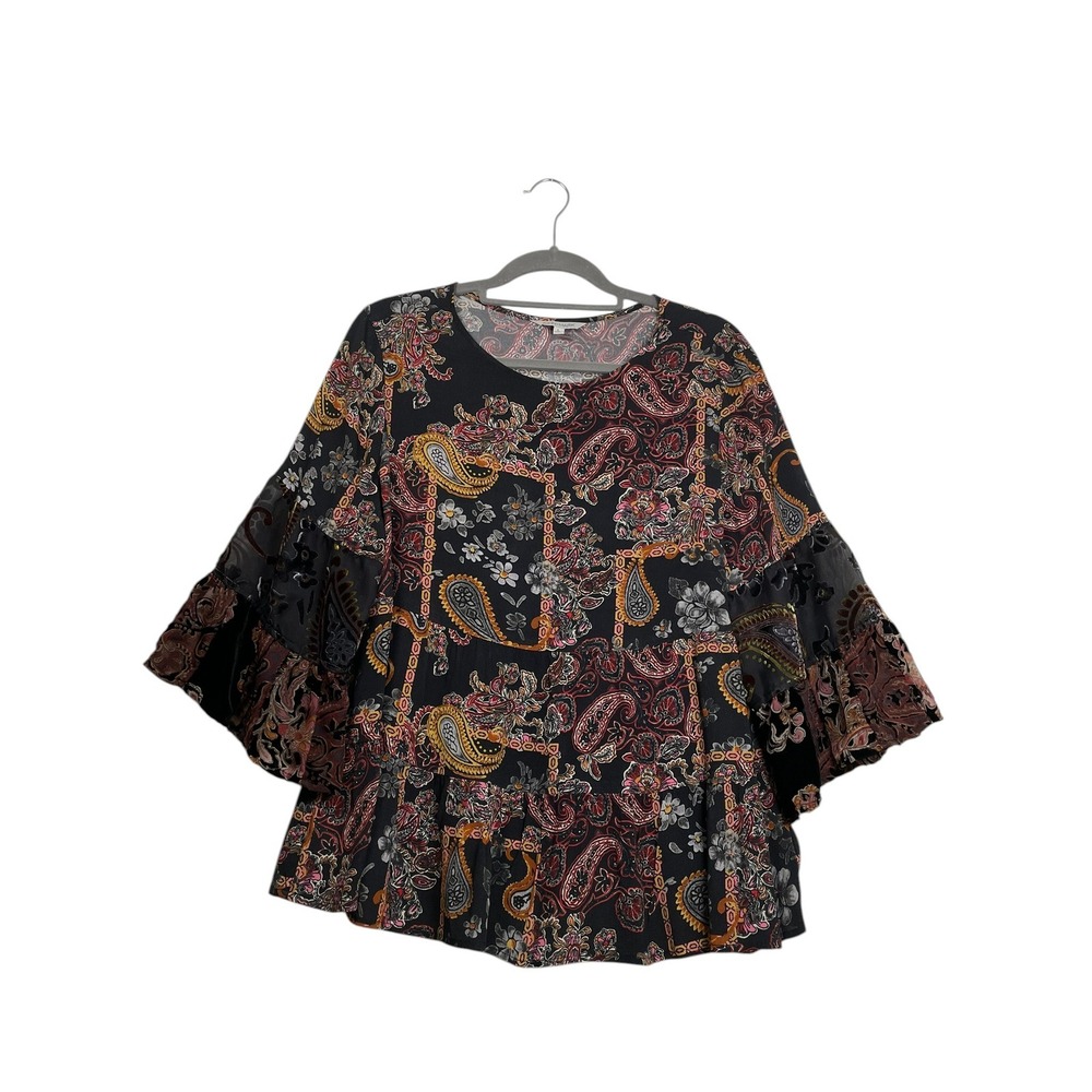 John Mark Womens Large Paisley Floral Bell Sleeve Burnout Velvet Tiered Boho Top
